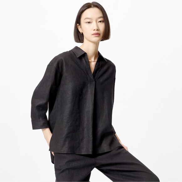 Uniqlo Shirt Womens XS Relaxed Black 100% Linen Skipper Collar Popover ¾ Sleeve - Picture 1 of 12